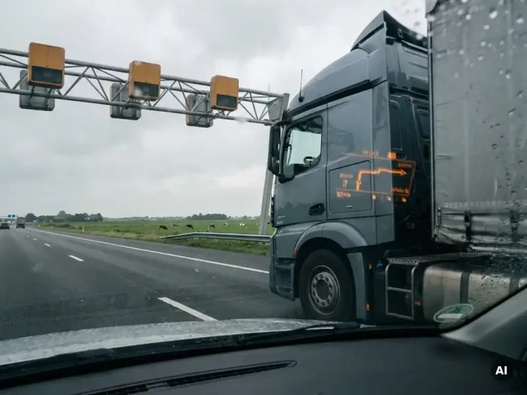 Vrachtwagen op Nederlandse snelweg rijdt onder een tolsensor-portaal, met polderlandschap en bewolkte lucht op de achtergrond.