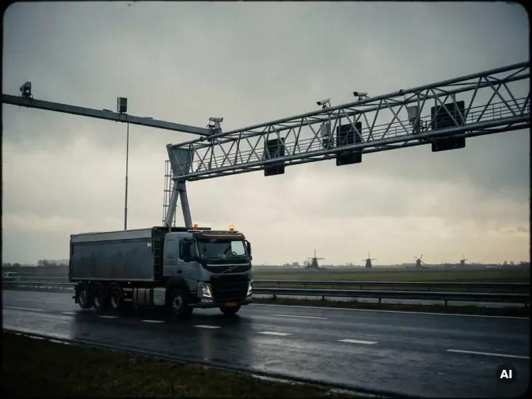 Vrachtauto op Nederlandse snelweg passeert een tolsensor op een portaal, met windmolens aan de horizon onder een bewolkte lucht.