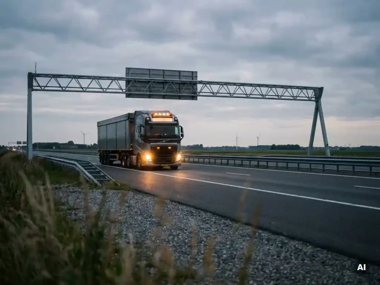Vrachtauto op Nederlandse snelweg bij schemering, tolportaal zichtbaar boven de weg, vlak polderlandschap op de achtergrond.