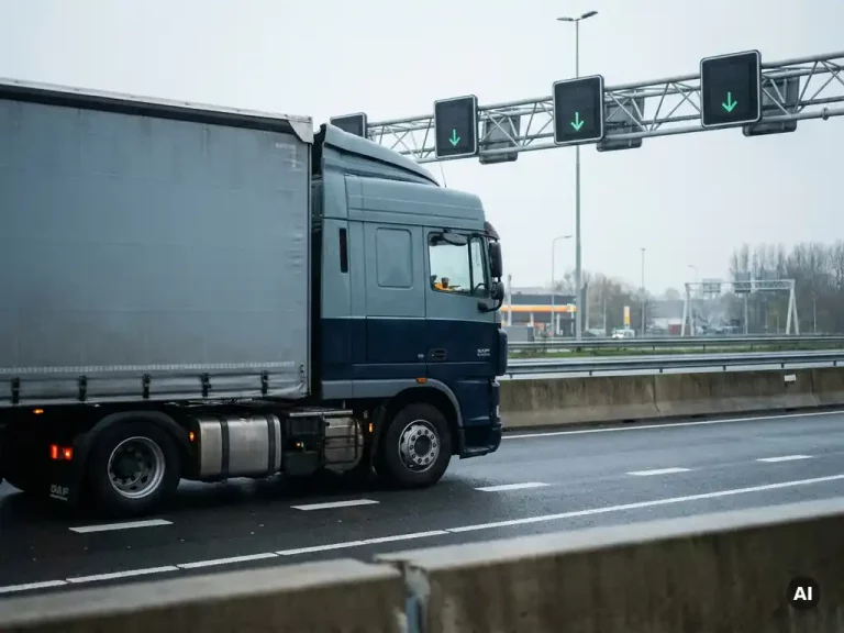 Vrachtwagen rijdt onder tolportaal op Nederlandse snelweg, routeplanning en brandstofkosten zichtbaar op dashboard.