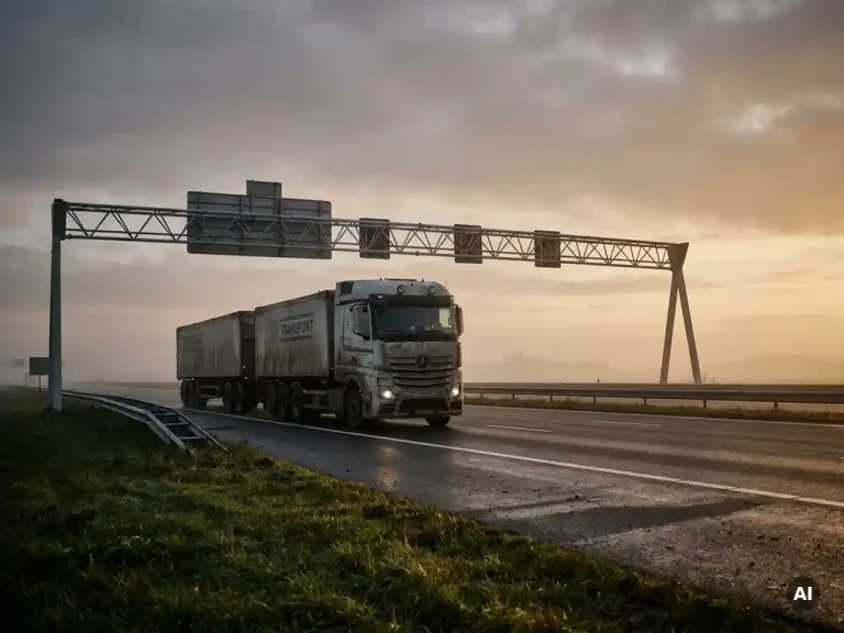 Vrachtwagen op Nederlandse snelweg bij schemering, met tolportaal zichtbaar boven de rijbaan in gouden-uurlicht.