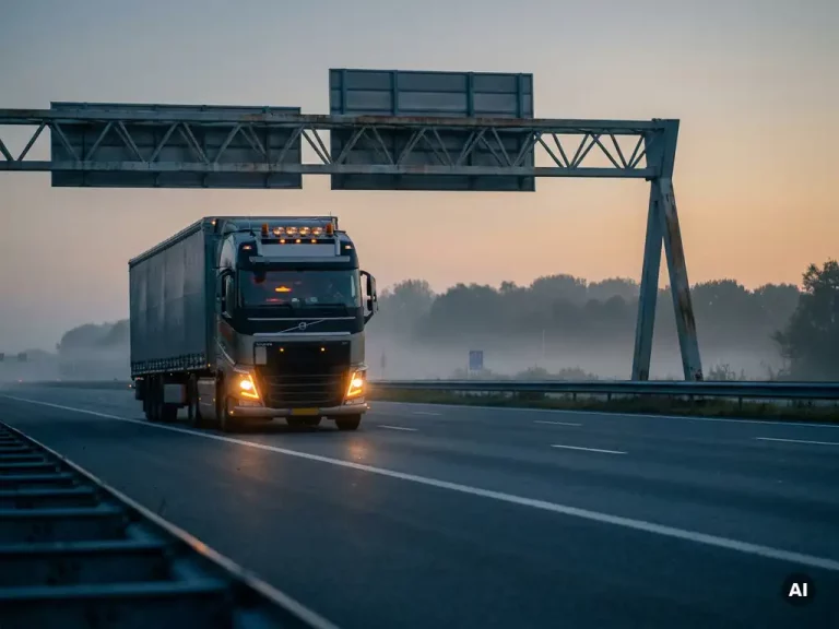 Europese vrachtwagen op Nederlandse snelweg bij schemering, tolportaal zichtbaar boven de rijbaan, mistige bomenrij op achtergrond.