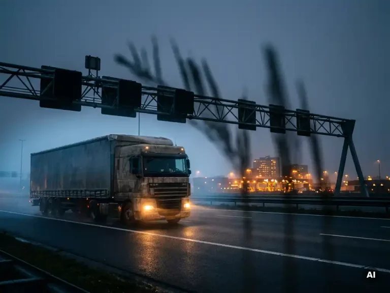 Vrachtwagen op Nederlandse snelweg bij schemering onder tolportaal, stadshorizon op achtergrond in blauw-amberkleurig avondlicht.