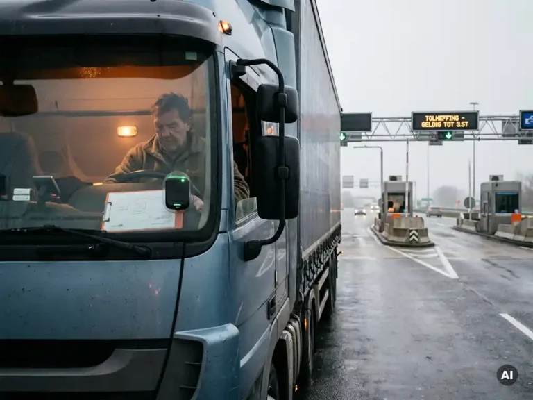 Vrachtwagen bij Nederlandse tolpost met OBU-apparaat op voorruit, chauffeur controleert nalevingsdocument op klembord.
