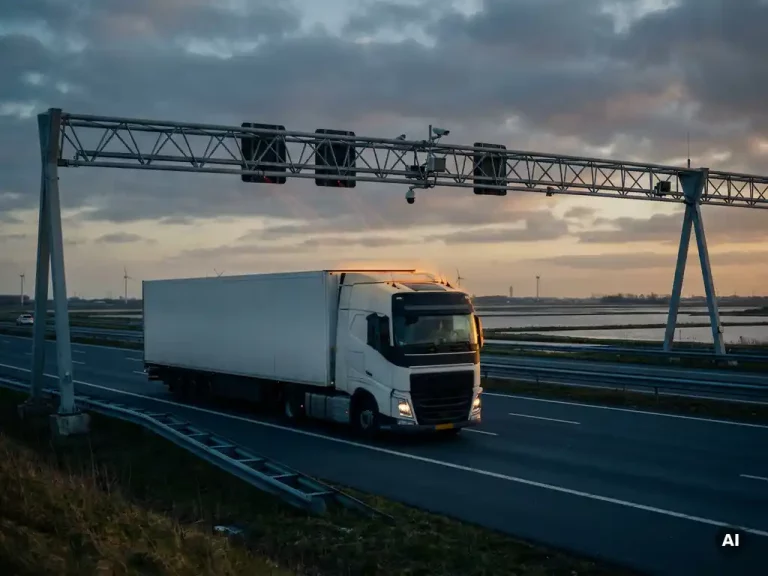 Witte vrachtwagen op Nederlandse snelweg bij schemering, gescand door een tolportaal, met vlak polderlandschap op de achtergrond.