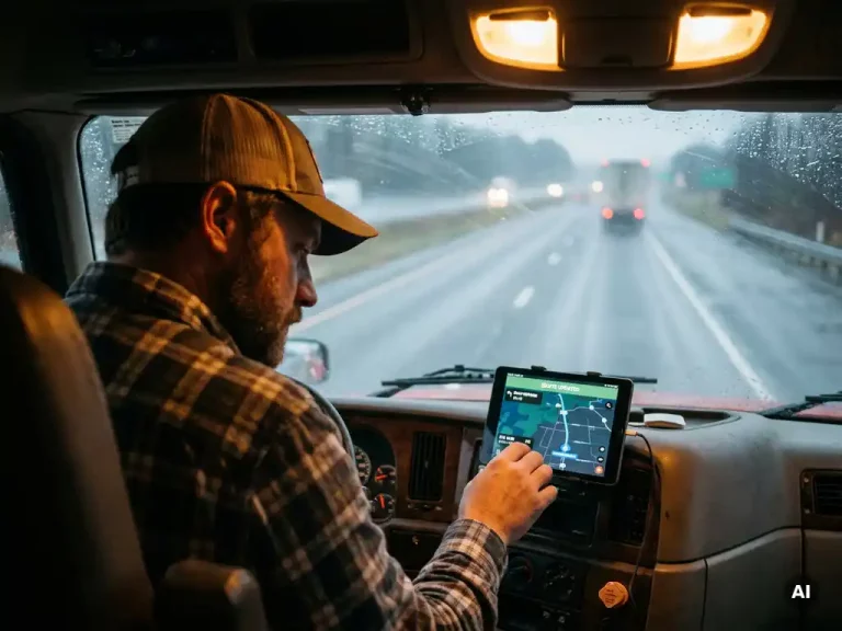 Vrachtwagenchauffeur in cabine bekijkt GPS-navigatie op dashboard, natte snelweg zichtbaar door voorruit bij avondlicht.