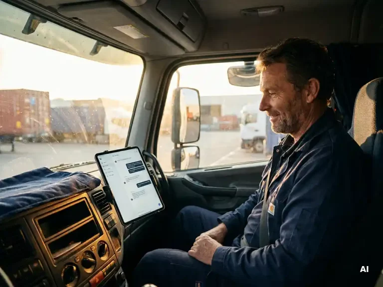 Vrachtwagenchauffeur in cabine bekijkt tablet met chat-interface, logistiek depot zichtbaar op achtergrond, warm middaglicht.